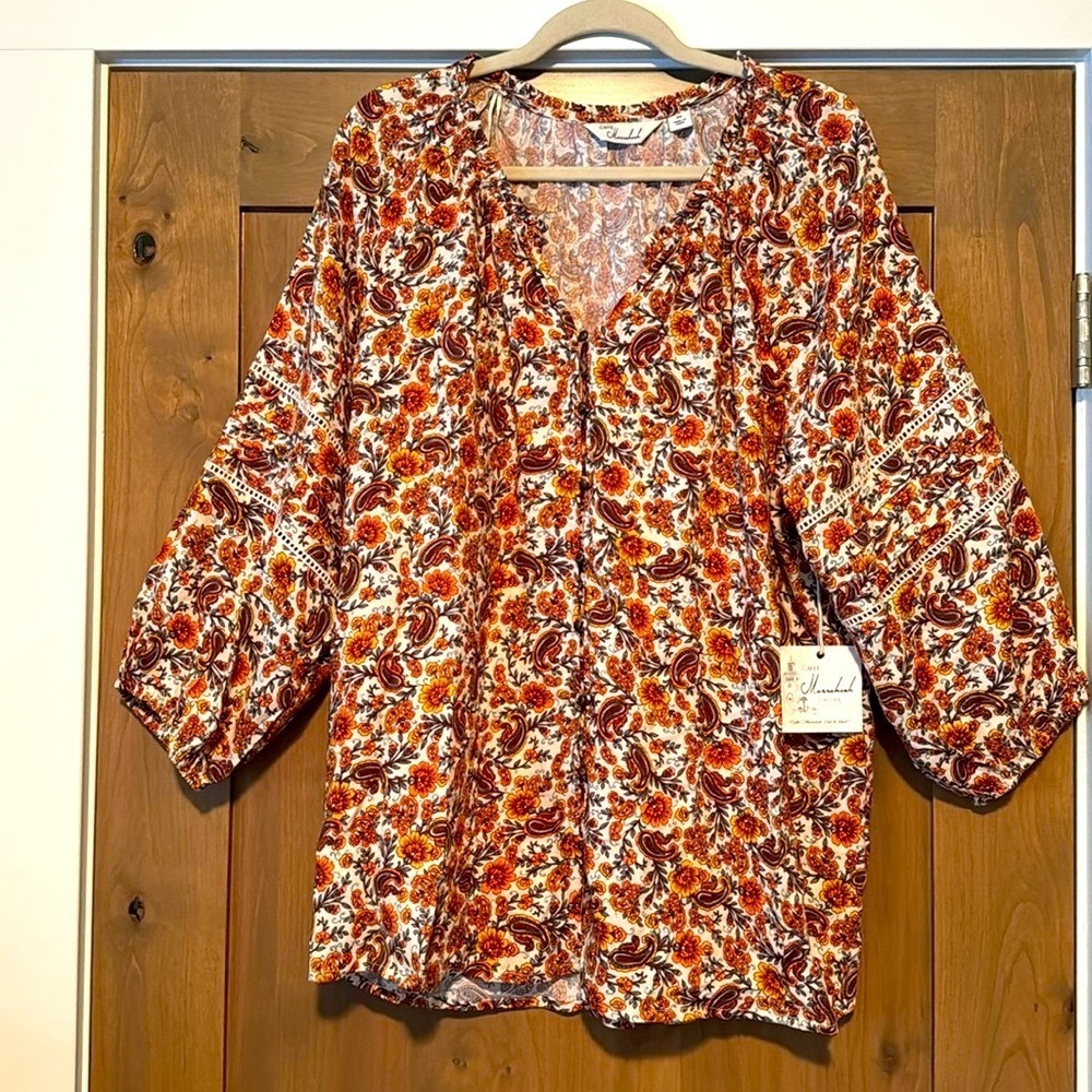 NWT Caffe Marrakesh button down Peasant Pirate Floral Crochet blouse Womens 2X